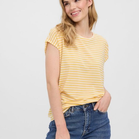 Yellow and White Striped T-shirt French Style Size M - Picture 1 of 8